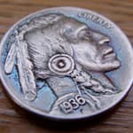 'The Warrior' Hobo nickel-coin carving 1936 USA Buffalo 5 cents 6